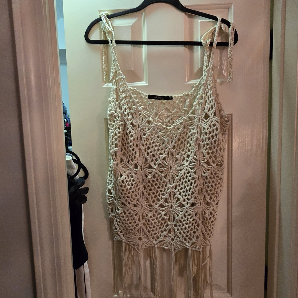 Ark & Co Ivory Crochet Tank with Fringe